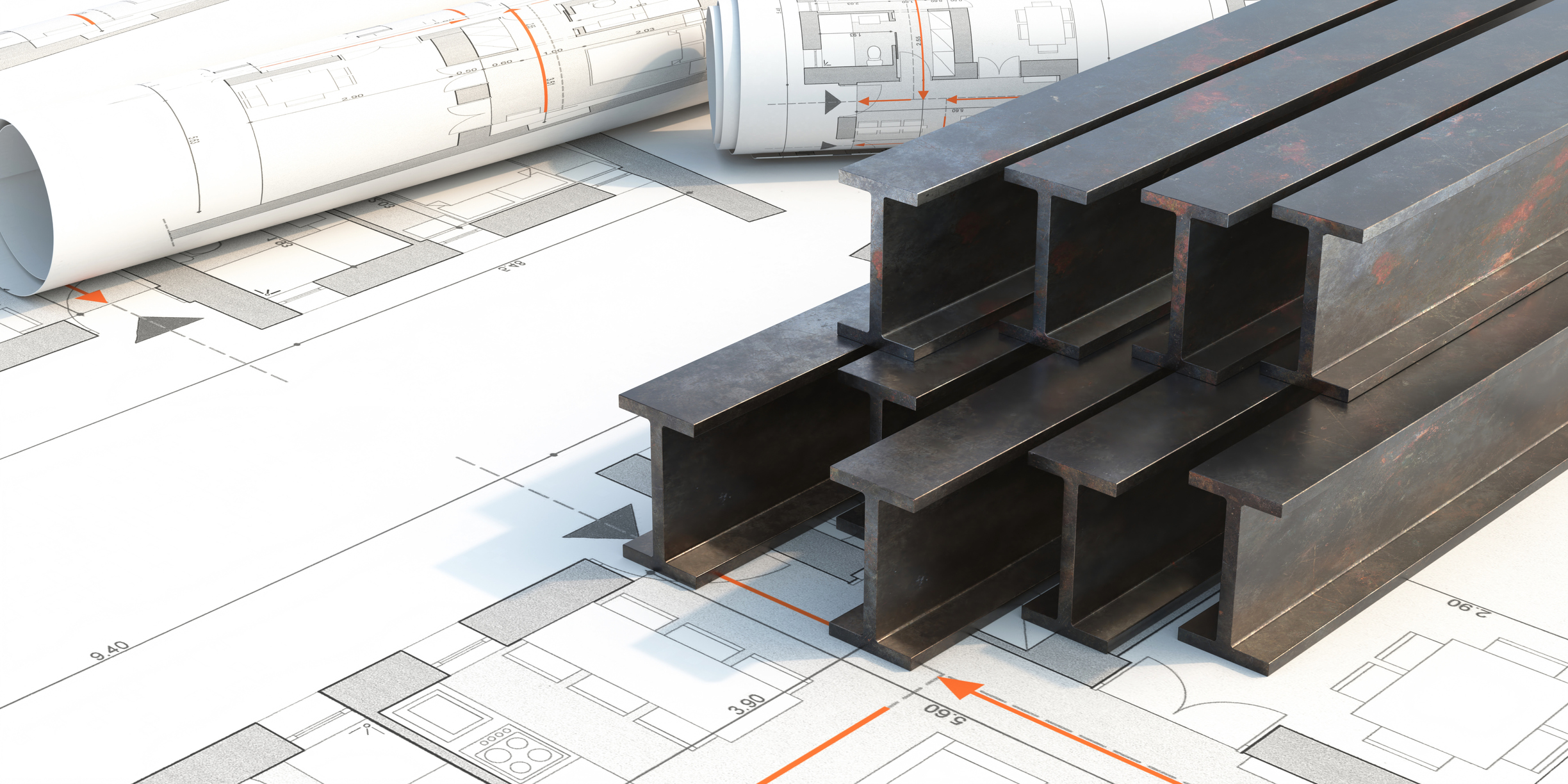 Steel beams stack on project blueprints background. 3d illustration Pittsville, WI: Cold Storage Warehouse Distribution Facility